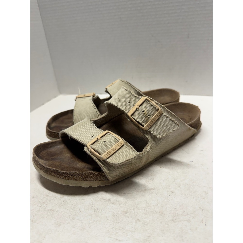 Birkenstock Arizona Vegan Canvas Sandals Beige Two Strap Slides 41 8